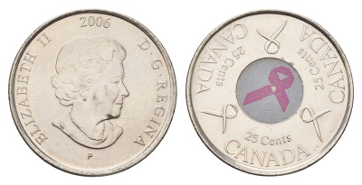 Канада 25 центов 2006 Розовая ленточка - Борьба с раком молочной железы KM 635 сталь плакированная никелем UNC 4678-1152