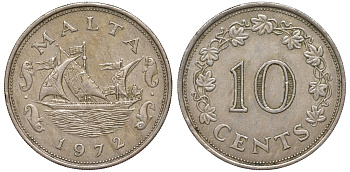 Мальта 10 центов 1972 баржа Великого магистра KM 11 медно-никель 4144-211