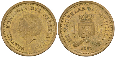 Нидерландские Антилы 1 гульден 1991 Беатрикс (1980-2013) KM 37 позолоченная сталь 25-1245