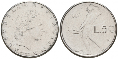 ИТАЛИЯ 50 ЛИР 1990 R КУЗНЕЦ KM 95.2 сталь 187-149