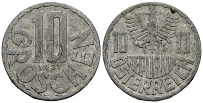 Австрия 10 грошей 1957 KM 2878 алюминий 4135-237