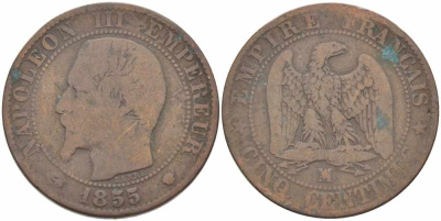 ФРАНЦИЯ 5 САНТИМОВ 1855 MA, НАПОЛЕОН III (1852-1870) KM 777.6, LE FRANC 116.27 бронза 108-333