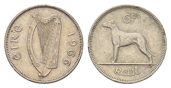 Ирландия 6 пенсов 1966 собака, ирландский волкодав KM 13a медно-никель 4690-338