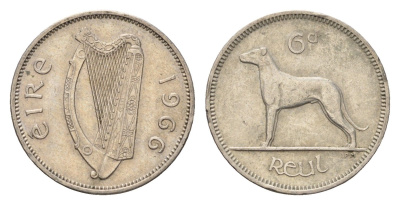 Ирландия 6 пенсов 1966 собака, ирландский волкодав KM 13a медно-никель 4690-338