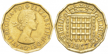 Великобритания 3 пенса 1967 Елизавета II (1952-2022) KM 900, Spink 4153 никель латунь 77-155