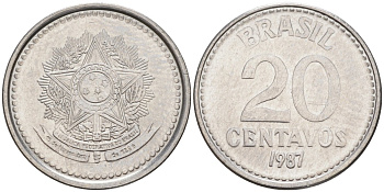 Бразилия 20 сентаво 1987 герб KM 603, Schon 112 нержавеющая сталь 187-534