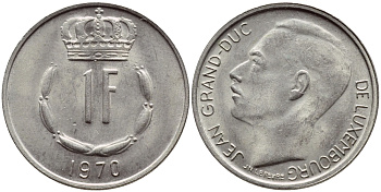 ЛЮКСЕМБУРГ 1 ФРАНК 1970 KM 55 медно-никель 4398-833