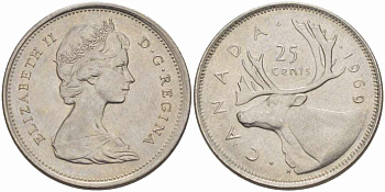 Канада 25 центов 1969 Елизавета II (1952-2022), олень KM 62 b никель 108-1144