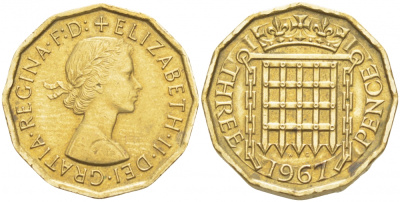 Великобритания 3 пенса 1967 Елизавета II (1952-2022) KM 900, Spink 4153 никель латунь 77-155