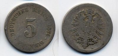 ГЕРМАНИЯ 5 ПФЕННИГОВ 1875 A, СТАРОГЕРБОВКА KM 3, J.3 медно-никель 45-1243