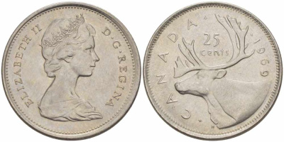 Канада 25 центов 1969 Елизавета II (1952-2022), олень KM 62 b никель 108-1144