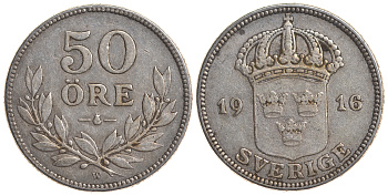 Швеция 50 эре 1916 W, Густав V (1907-1950) KM 788 серебро 4179-932