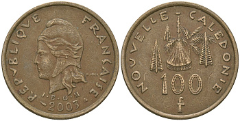 Французская Новая Каледония 100 франков 2003 хижина среди сосен и пальм, (IEOM) KM 15, Schoen 16, Lec 139g никель бронза 109-1031