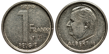 БЕЛЬГИЯ 1 ФРАНК 1995 АЛЬБЕРТ II KM 188 железо плакированное никелем VF 4181-328