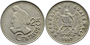 Гватемала 25 сентаво 1987 большая голова, Республика Гватемала KM 278.5 медно-никель 4389-414