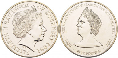 Гернси 5 фунтов 2002 королева Елизавета, королева мать KM 127 медно-никель UNC 04-092-41