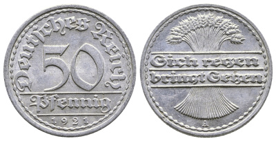 Германия 50 пфеннигов 1921 A KM 27, J.301, Weege 10 алюминий 4380-816