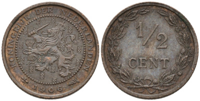 Нидерланды 1/2 цента 1906 Вильгельмина (1890-1948) KM 133 бронза 4576-333