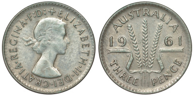 Австралия 3 пенса 1961 m, Елизавета II (1952-2022) KM 57 серебро 71-813