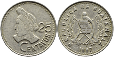 Гватемала 25 сентаво 1987 большая голова, Республика Гватемала KM 278.5 медно-никель 4389-414