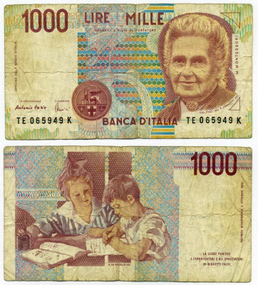 Италия 1000 лир 1990 Мария Монтессори Pick 114c 8564-3-3-1
