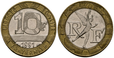 Франция 10 франков 1991 тип Гений Бастилии KM 964.1, Le Frank 375.6 биметалл 4138-336