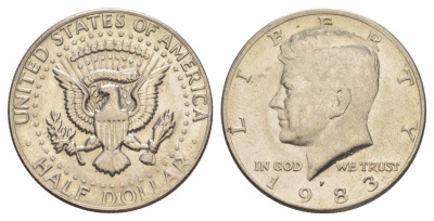 США 1/2 доллара (50 центов) 1983 P, Джон Кеннеди KM A202b медь плакированная медно-никелем aUNC 180-923