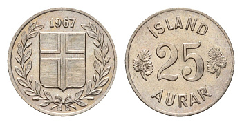 Исландия 25 эйре 1967 KM 11 медно-никель UNC 4625-355