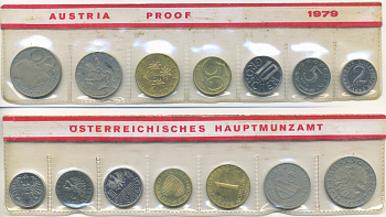 Австрия набор из 7 монет  1979  2, 5, 10, 50 грошей, 1, 5, 10 шиллингов, в целлофане KM PS 39 PROOF 4399-7-3