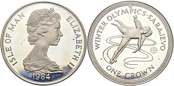 Остров Мэн 1 крона 1984 Зимние Олимпийские игры 1984 года в Сараево, парное фигурное катание KM 117a серебро PROOF 02-104-42