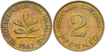 ФРГ 2 пфеннига 1962 G KM 106, J.381 бронза 4576-1017
