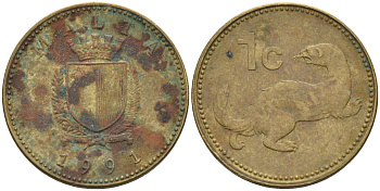 Мальта 1 цент 1991 ласка, горностай KM 93 никель латунь 4585-1151