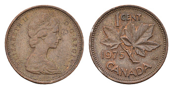 Канада 1 цент 1975 Елизавета II (1952-2022), кленовый лист KM 59 бронза 188-512