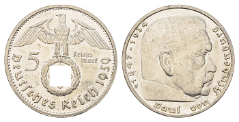 Германия 5 рейхсмарок 1939 G, Пауль фон Гинденбург (1847-1934), самый редкий монетный двор и год выпуска KM 94, J. 367 серебро 1517-1125