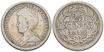 Нидерланды 25 центов 1915 Вильгельмина (1890-1948) KM 146 серебро 4151-862