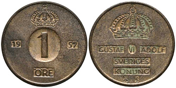 Швеция 1 эре 1957 TS, Густав VI Адольф (1950-1973) KM 820 бронза 201-1145