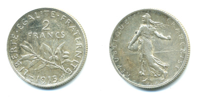 Франция 2 франка 1915 KM 845.1 серебро 00-00