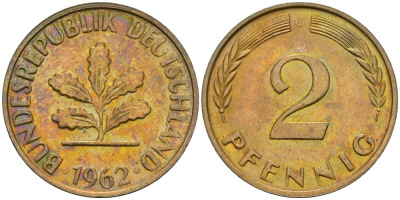 ФРГ 2 пфеннига 1962 G KM 106, J.381 бронза 4576-1017