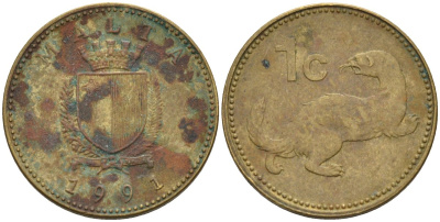 Мальта 1 цент 1991 ласка, горностай KM 93 никель латунь 4585-1151