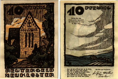 НОЙКЛОСТЕР 10 ПФЕННИГОВ 1922 НОТГЕЛЬД, 1922 - 31 МАЯ 1922, ЗЕМЛЯ МЕКЛЕНБУРГ-ПЕРЕДНЯЯ ПОМЕРАНИЯ Grabowski 951.1 бумага 7547-90-4-2