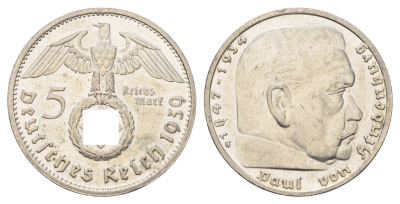 Германия 5 рейхсмарок 1939 G, Пауль фон Гинденбург (1847-1934), самый редкий монетный двор и год выпуска KM 94, J. 367 серебро 1517-1125