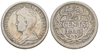 Нидерланды 25 центов 1915 Вильгельмина (1890-1948) KM 146 серебро 4151-862