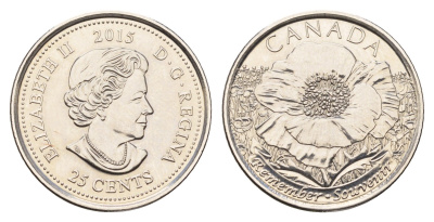 Канада 25 центов 2015 100 лет стихотворению "На полях Фландрии" KM 1852.1 сталь плакированная никелем UNC 110-421
