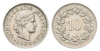 Швейцария 10 раппенов 1964 B KM 27 медно-никель 4705-857