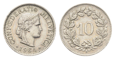 Швейцария 10 раппенов 1964 B KM 27 медно-никель 4705-857