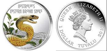 Тувалу 1 доллар 2010 DANGER, серия опасные животные Австралии, восточная коричневая змея, цветная эмаль, в оригинальной коробке, с сертификатом KM NEW серебро PROOF 7-1-1-28