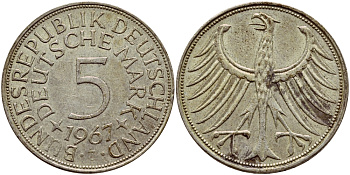 ФРГ 5 марок 1967 J, KM 112.1, J. 387 серебро 1522-322