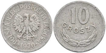 Польша 10 грошей 1970 MW, Народная Республика KM АА47, Parchimowicz 206i алюминий 4580-611