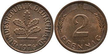 ФРГ 2 ПФЕННИГА 1976 D KM 106а, J.381а сталь плакированная сталь плакированная медьюю 33-236