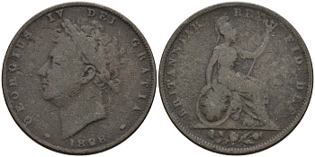 Великобритания 1 фартинг 1828 Георг IV (1820-1830) KM 697, Spink 3825 медь 4146-412